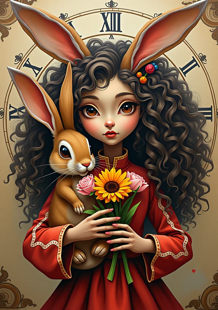  a big curly long hair and rabbit holding flowers, poker cards background, clock background，in the style of art germ, eye catching detail, colorful costumes, alice rahon, moyoco anno, dreamscape portraiture, beige, palette knife, acrylic, paint, brush strokes, oil painting, texture painting high definition, scr painting, relief, stereo abstract with texture hyper detail, intricate details, sharp focus, high resolution, 8k, ultra detailed, vib