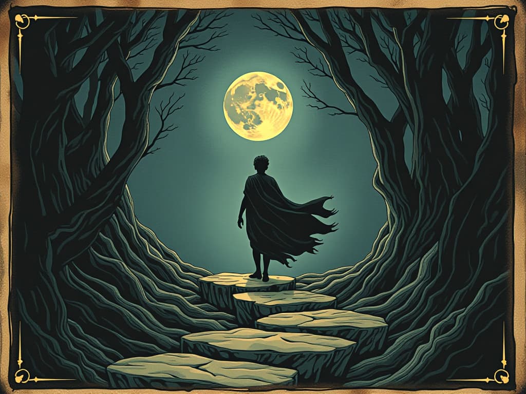  a journey through a dark, twisting path under a moonlit sky, figure emerging toward enlightenment, transformative, inspiring, enlightening. an illustration in the style of a worn, mystical old tarot trump card, mysterious and elements of surrealism. the colors are muted, somber and eerie, but with contrast bring out an occult and esoteric vibe.