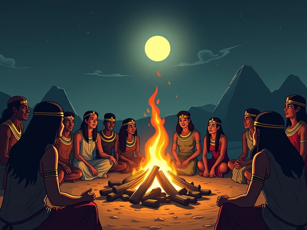  a community gathering around a large bonfire, moonlight illuminating faces filled with eager anticipation, ancient egyptian scenery, symbolizing community reflection and rethinking roles. the style is digital art illustration / modern comic book / mysterious occult, symbolic, esoteric vibe,high detail on character design, incorporating ancient egyptian symbology and attire.