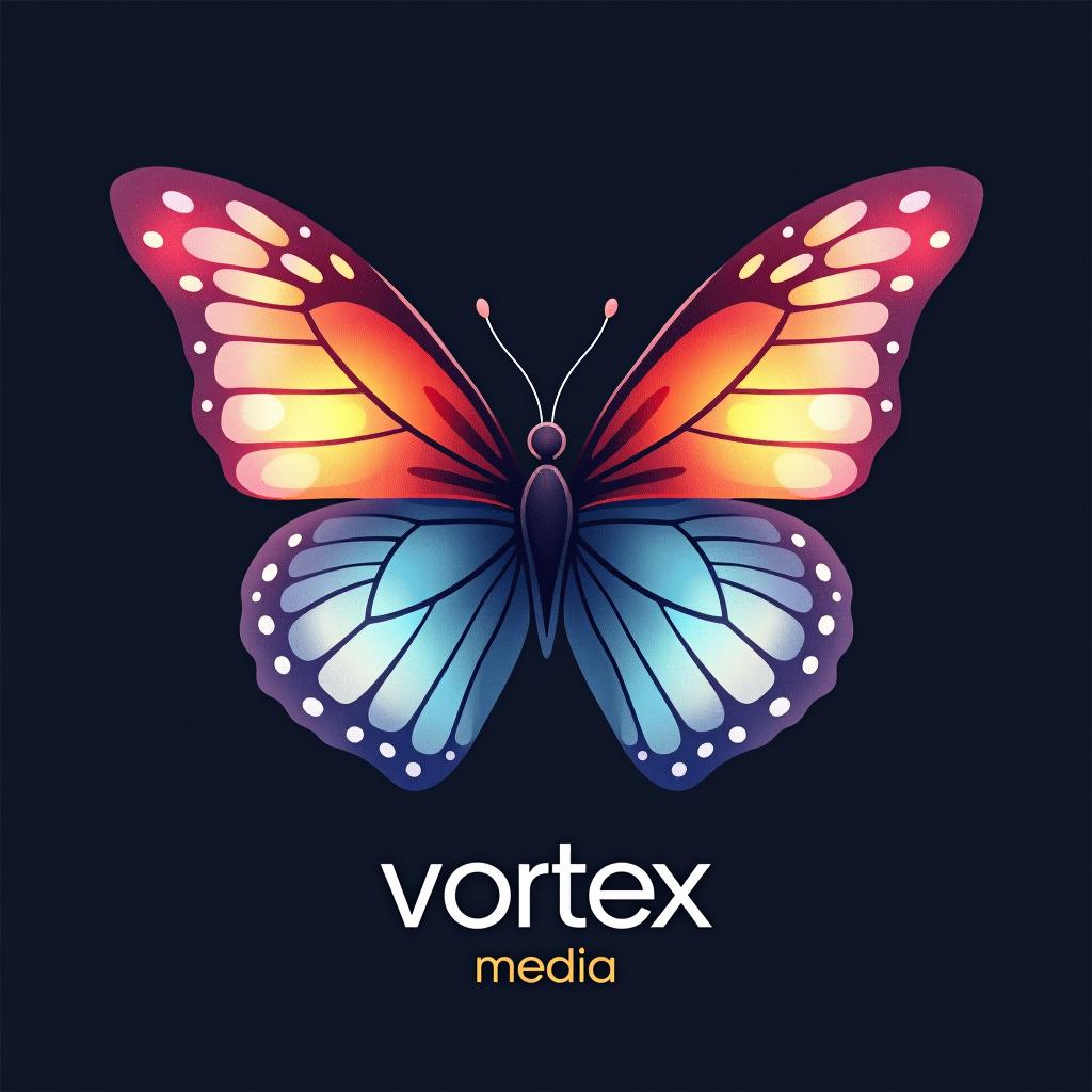  design a logo, watercolor style, logo of a butterfly, beautiful colors, with the text 'vortex media'.