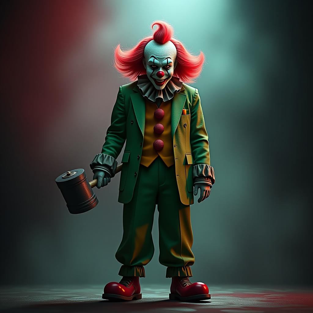  macabre style a clown in a green suit, in a shoe with a red nose, in a red wig, in a hat cylinder, with a toy double hammer in hand, a little crazy . dark, gothic, grim, haunting, highly detailed hyperrealistic, full body, detailed clothing, highly detailed, cinematic lighting, stunningly beautiful, intricate, sharp focus, f/1. 8, 85mm, (centered image composition), (professionally color graded), ((bright soft diffused light)), volumetric fog, trending on instagram, trending on tumblr, HDR 4K, 8K