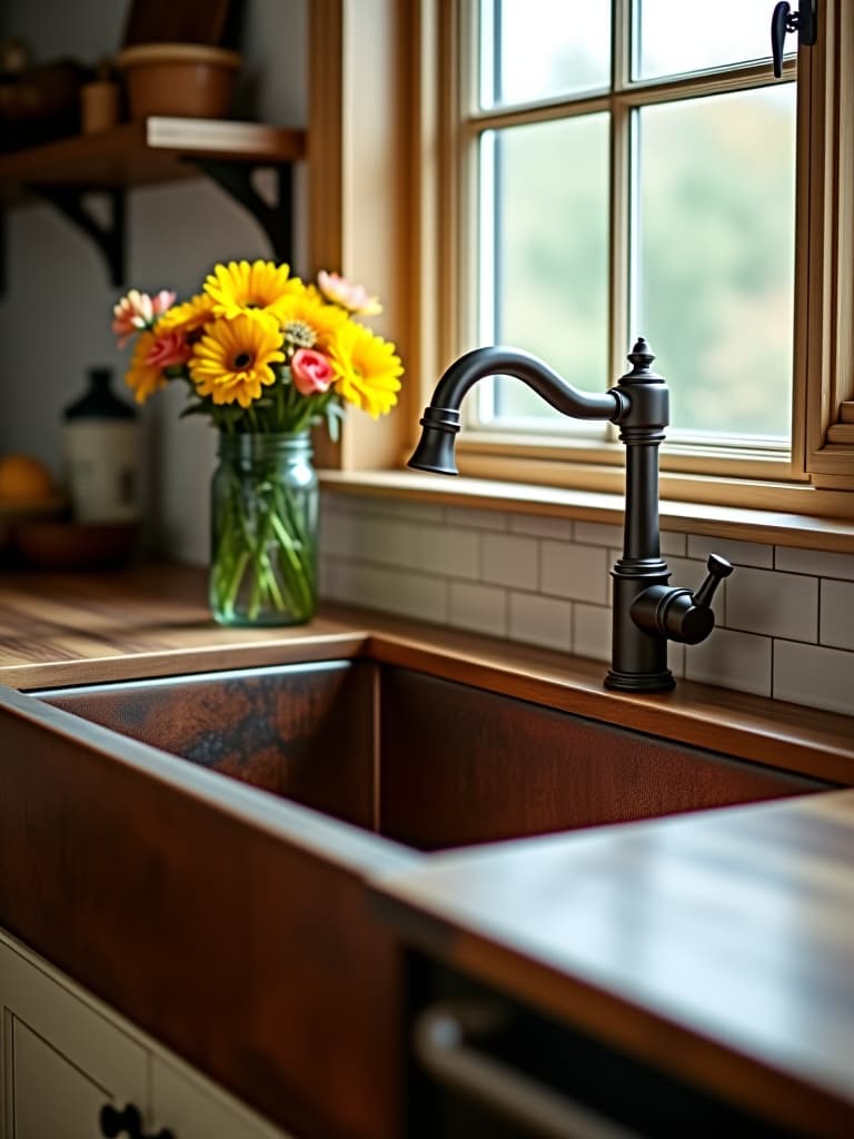  high quality portrait photo of a farmhouse sink with a weathered copper patina, surrounded by reclaimed wood countertops and a bouquet of wildflowers in a mason jar hyperrealistic, full body, detailed clothing, highly detailed, cinematic lighting, stunningly beautiful, intricate, sharp focus, f/1. 8, 85mm, (centered image composition), (professionally color graded), ((bright soft diffused light)), volumetric fog, trending on instagram, trending on tumblr, HDR 4K, 8K