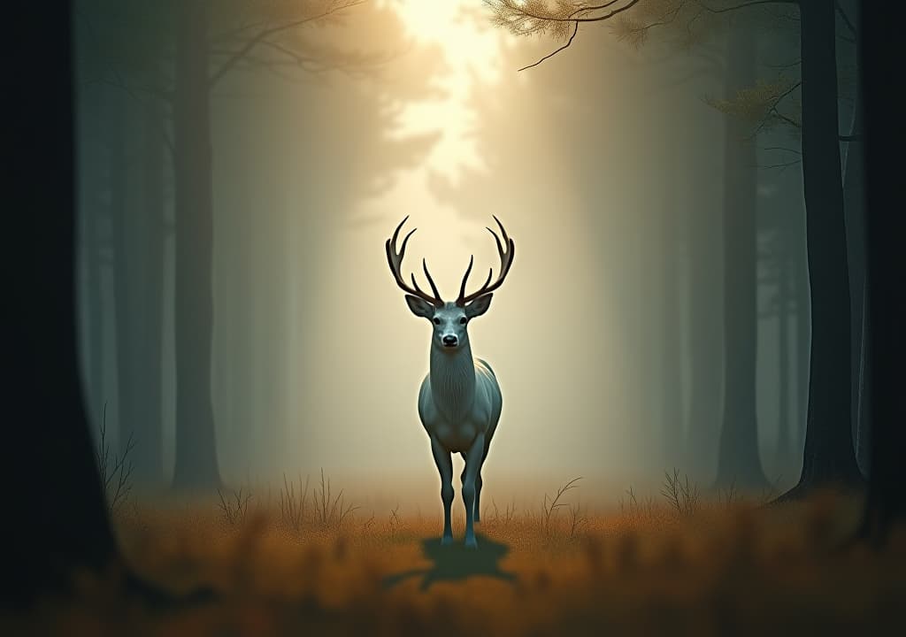  a serene forest landscape with a majestic white deer at its center, surrounded by misty trees, soft sunlight filtering through the canopy, and subtle, ethereal glow emanating from the deer's coat. hyperrealistic, full body, detailed clothing, highly detailed, cinematic lighting, stunningly beautiful, intricate, sharp focus, f/1. 8, 85mm, (centered image composition), (professionally color graded), ((bright soft diffused light)), volumetric fog, trending on instagram, trending on tumblr, HDR 4K, 8K