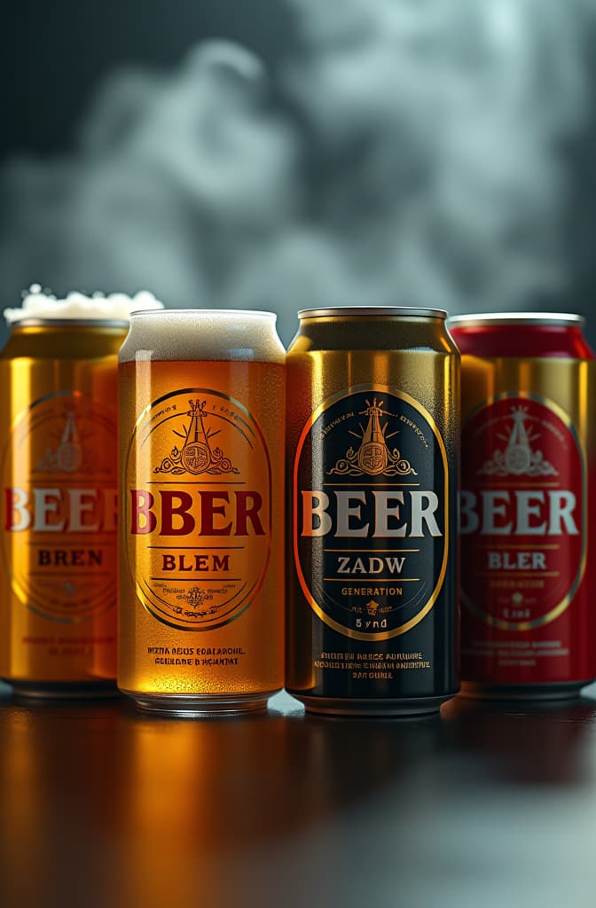  four cans of beer, all different and their design is based on different generations hyperrealistic, full body, detailed clothing, highly detailed, cinematic lighting, stunningly beautiful, intricate, sharp focus, f/1. 8, 85mm, (centered image composition), (professionally color graded), ((bright soft diffused light)), volumetric fog, trending on instagram, trending on tumblr, HDR 4K, 8K