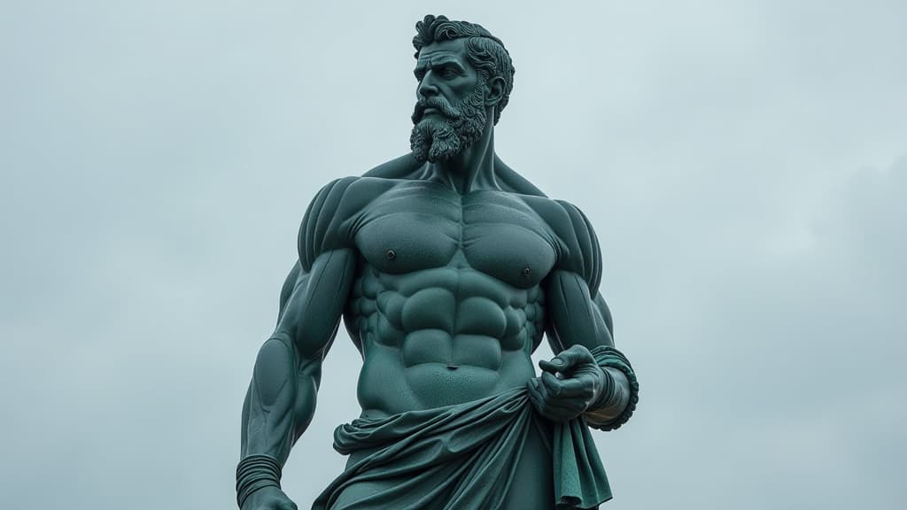  an imposing statue of iron, graceful, muscular, stoicism, statue of stoicism