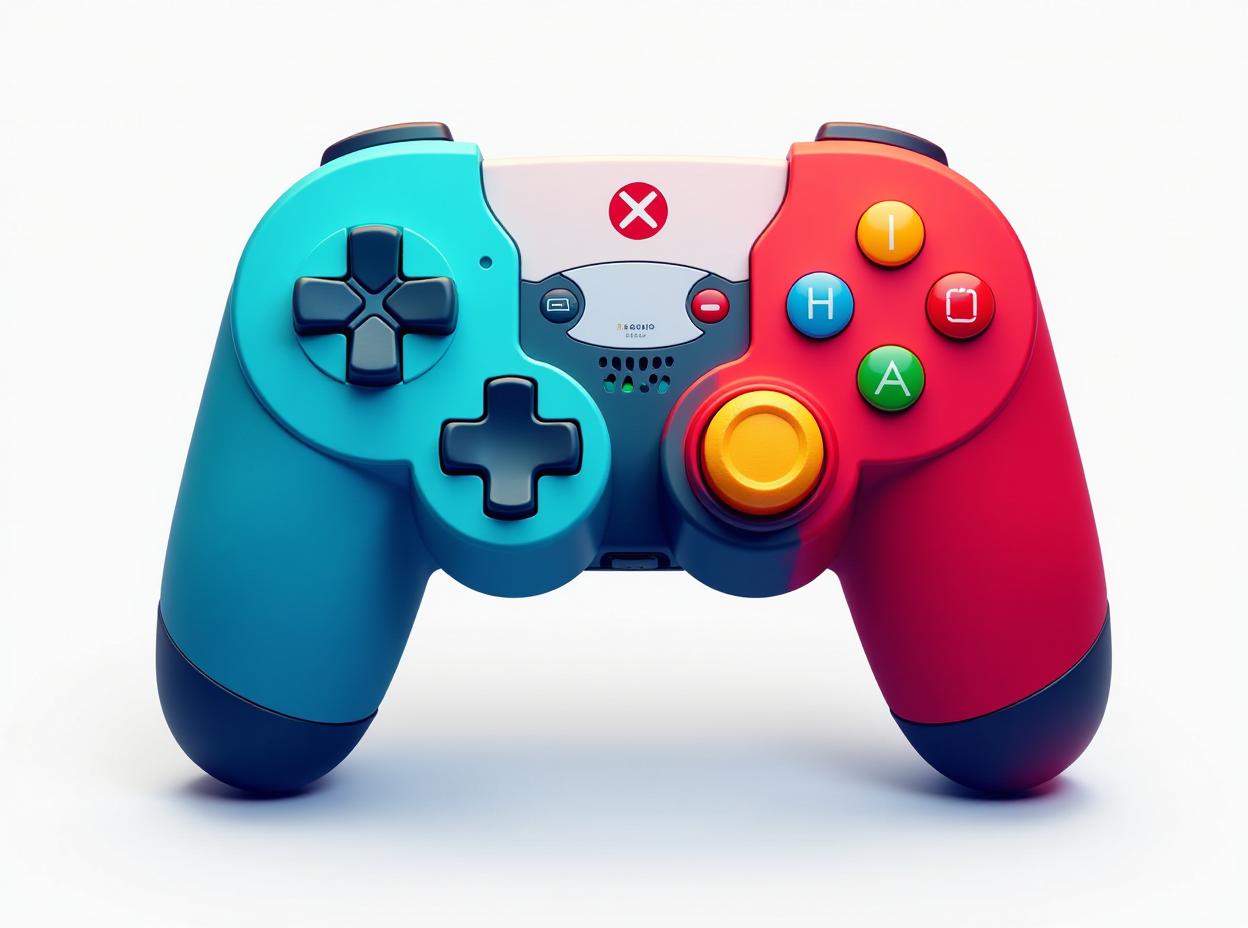  design an icon featuring a colorful joystick and a puzzle piece. the joystick should be bright red and blue, symbolizing excitement in gaming, while the puzzle piece should be green and yellow, representing diversity in game selection., high quality, high details, hd, perfect composition, 4k epic detailed, highly detailed, sharp focus, high resolution