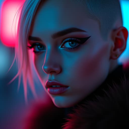  ultra realistic close up portrait ((beautiful pale cyberpunk female with heavy black eyeliner)), blue eyes, shaved side haircut, hyper detail, cinematic lighting, magic neon, dark red city, canon eos r3, nikon, f/1.4, iso 200, 1/160s, 8k, raw, unedited, symmetrical balance, in frame, 8k hyperrealistic, full body, detailed clothing, highly detailed, cinematic lighting, stunningly beautiful, intricate, sharp focus, f/1. 8, 85mm, (centered image composition), (professionally color graded), ((bright soft diffused light)), volumetric fog, trending on instagram, trending on tumblr, HDR 4K, 8K