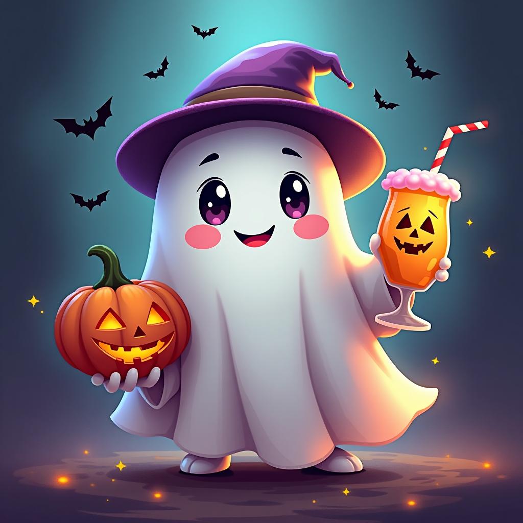  create a digital painting featuring a cute ghost character. the ghost should be wearing a hat. in one hand, the ghost should hold a pumpkin with a carved face, and in the other hand, a halloween themed drink. the background should be colorfull and include small black bats and stars to add a playful halloween touch. the overall style should be cute, whimsical, and colorful hyperrealistic, full body, detailed clothing, highly detailed, cinematic lighting, stunningly beautiful, intricate, sharp focus, f/1. 8, 85mm, (centered image composition), (professionally color graded), ((bright soft diffused light)), volumetric fog, trending on instagram, trending on tumblr, HDR 4K, 8K