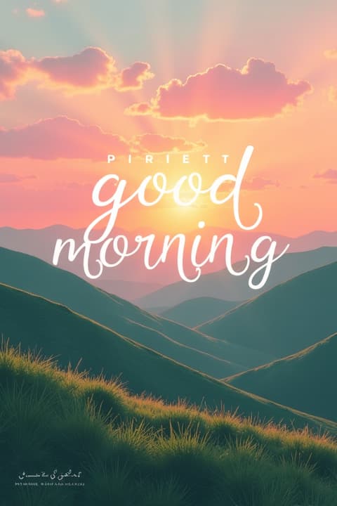  a beautiful and vibrant instagram post design for 'good morning' messages, featuring a serene sunrise over a peaceful landscape. the image should include soft pastel colors like pinks and oranges in the sky, with lush green hills or a calming beach in the foreground. there should be stylish, modern typography that reads 'good morning' in both english and persian, elegantly placed in the composition. the overall feel should be uplifting and cheerful, evoking a sense of positivity and tranquility to inspire viewers as they start their day.