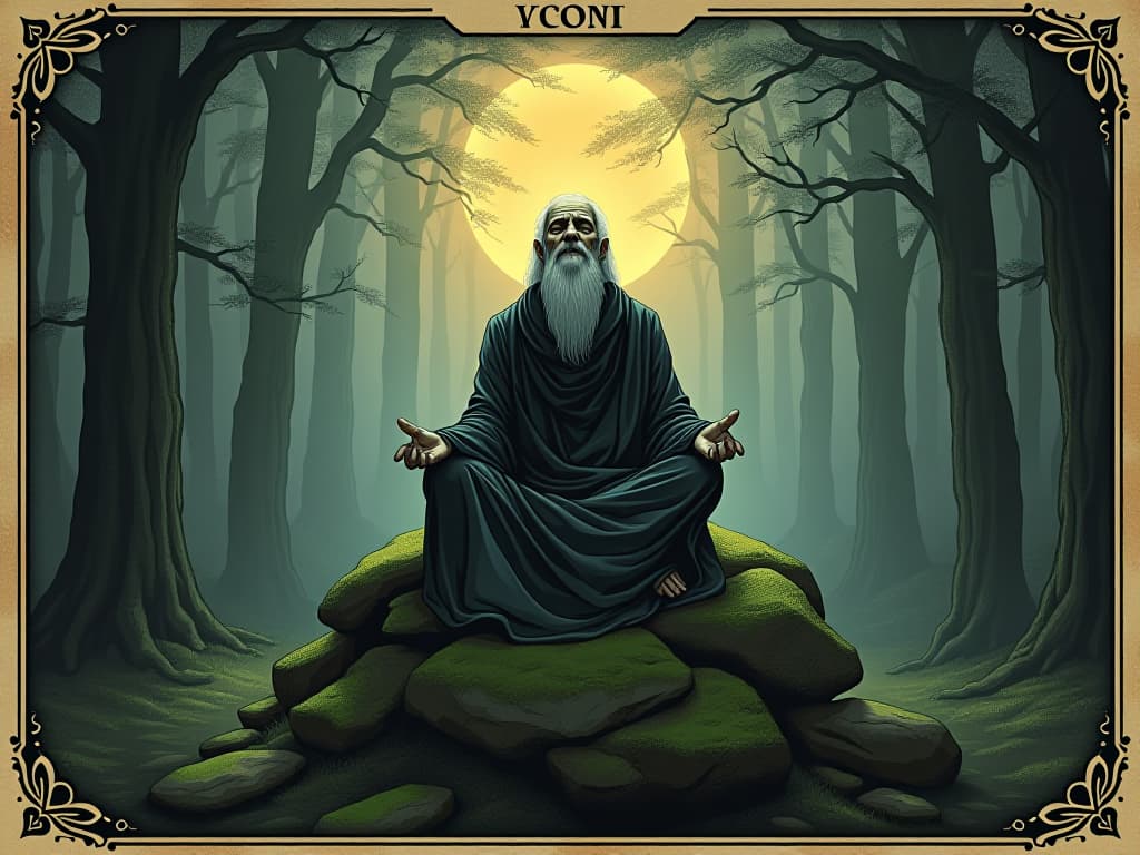  an elderly figure, enveloped in ethereal light, seated on a moss covered stone, eyes closed in peaceful meditation, ancient forest backdrop, wisdom, serenity. an illustration in the style of a worn, mystical old tarot trump card, mysterious and elements of surrealism. the colors are muted, somber and eerie, but with contrast bring out an occult and esoteric vibe.