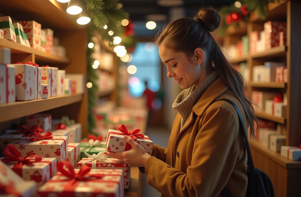  a young woman choosing christmas gifts in a store, surrounded by bright decorations, toys, garlands, warmly lit interior, a basket of gifts in the foreground, style cozy and festive; premium camera, high sharpness, wide aperture, soft bokeh {prompt}, maximum details