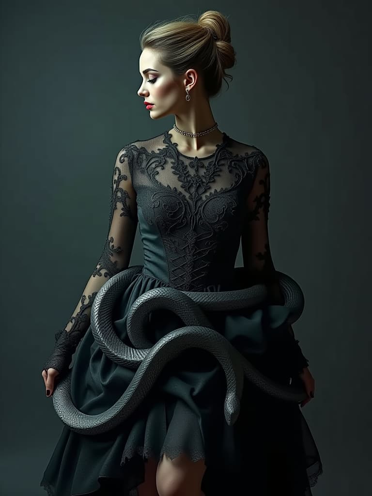  gothic style in micro dress plays, dances, cares with a big, graceful, elegant, , silver snake . dark, mysterious, haunting, dramatic, ornate, detailed hyperrealistic, full body, detailed clothing, highly detailed, cinematic lighting, stunningly beautiful, intricate, sharp focus, f/1. 8, 85mm, (centered image composition), (professionally color graded), ((bright soft diffused light)), volumetric fog, trending on instagram, trending on tumblr, HDR 4K, 8K