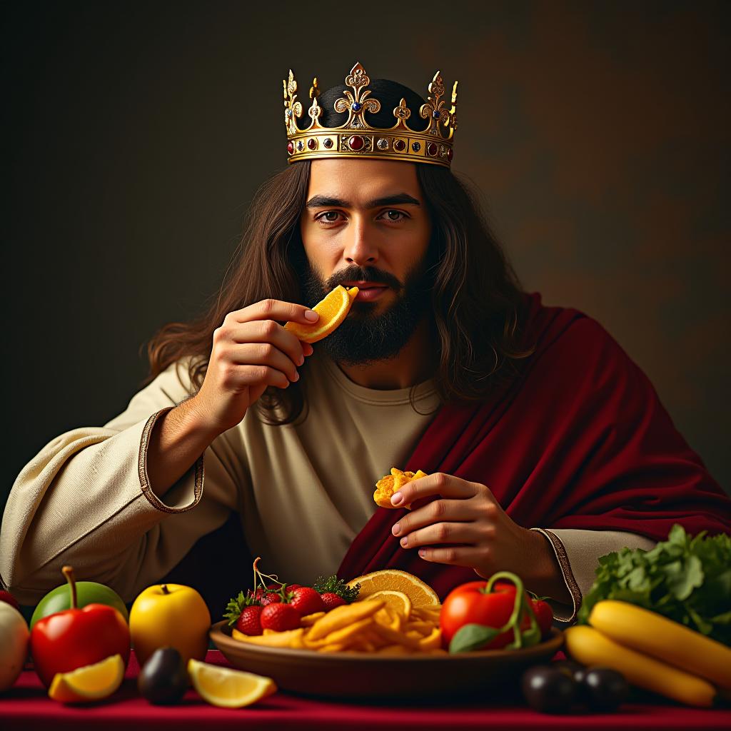  make an image of a man with long brown hair with a crown of a king eating a feast of fruits and vegetables