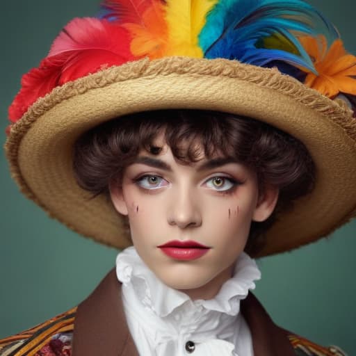 Rainbow twink man in lady wig makeup Cupid’s bow lipstick cowboy top hat and headdress tuxedo with spur whore Elizabethan collar wand parasol peacock dress by Paul Gauguin