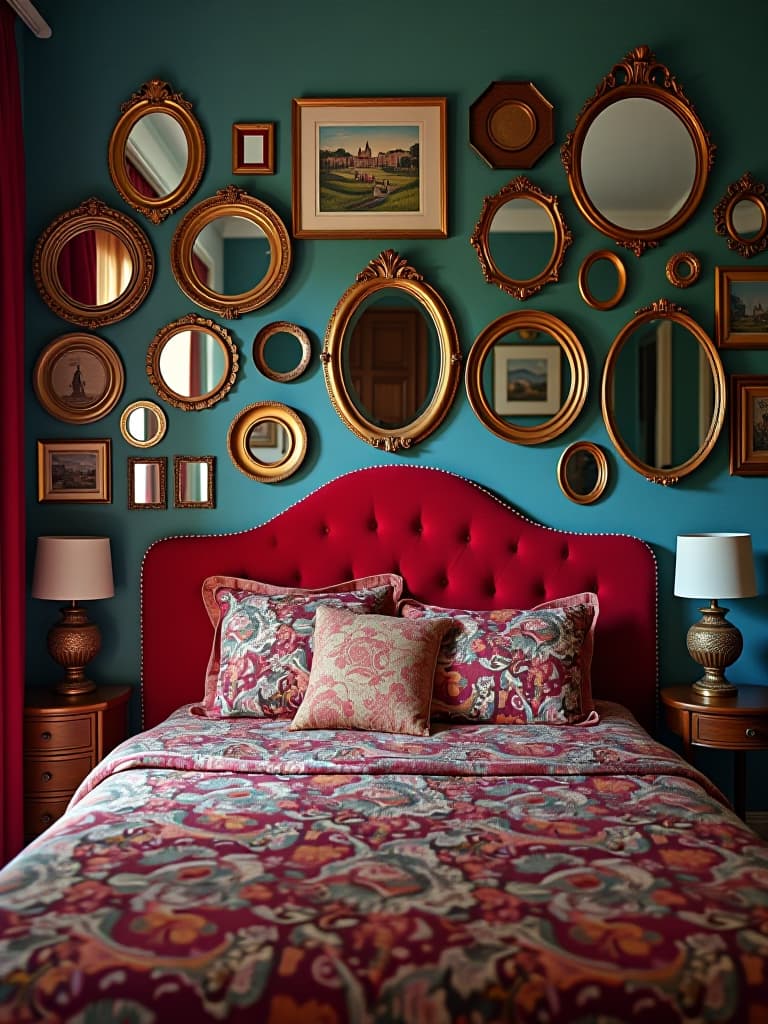  high quality portrait photo of a vibrant bohemian bedroom with a gallery wall of mismatched mirrors and artwork, a velvet upholstered headboard, and jewel toned silk curtains hyperrealistic, full body, detailed clothing, highly detailed, cinematic lighting, stunningly beautiful, intricate, sharp focus, f/1. 8, 85mm, (centered image composition), (professionally color graded), ((bright soft diffused light)), volumetric fog, trending on instagram, trending on tumblr, HDR 4K, 8K