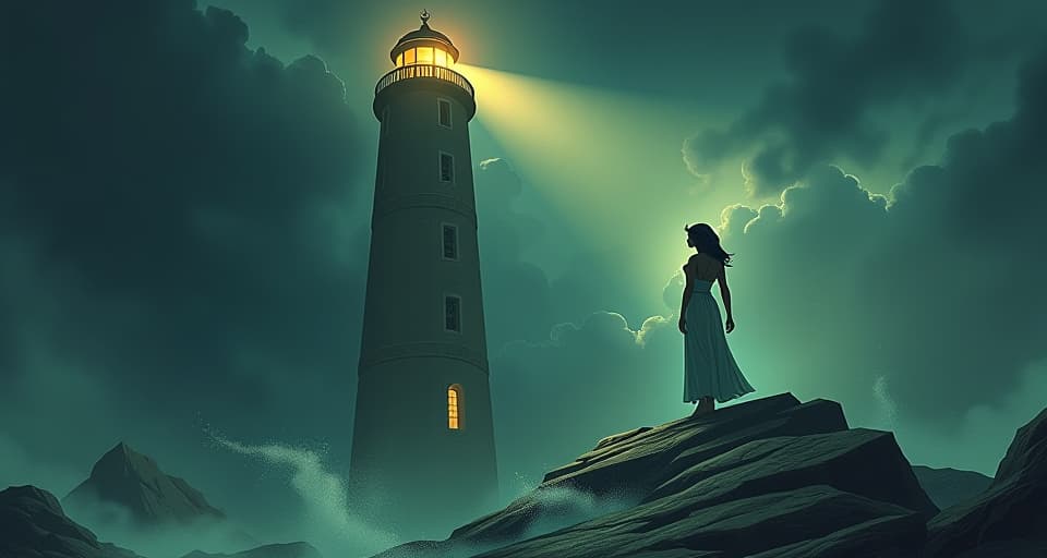  tall lighthouse, adorned with ancient runes, brilliant beam piercing the stormy sky, large busted goddess in form fitting attire standing at the top, sense of guiding light. the style is digital art illustration / modern comic book / mysterious occult, symbolic, esoteric vibe,high detail on character design, incorporating ancient egyptian symbology and attire.