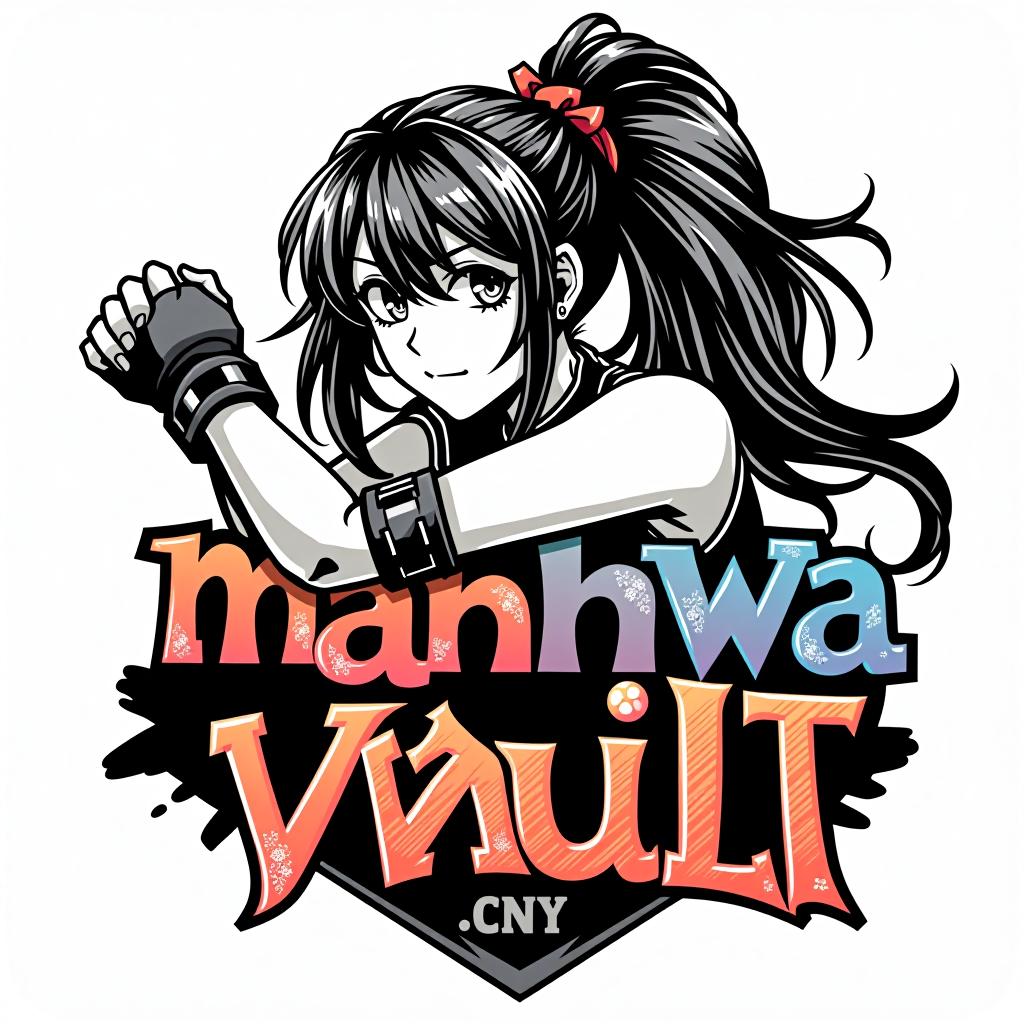  good quality, high quality, a manga style logo for "manhwa vault," featuring a black and white image of a hot manga style girl with detailed shading and dynamic lines. the text "manhwa vault" is in bold, colorful font with a gradient effect, contrasting against the monochrome illustration. the girl is leaning against the "v," adding a dynamic element to the design.