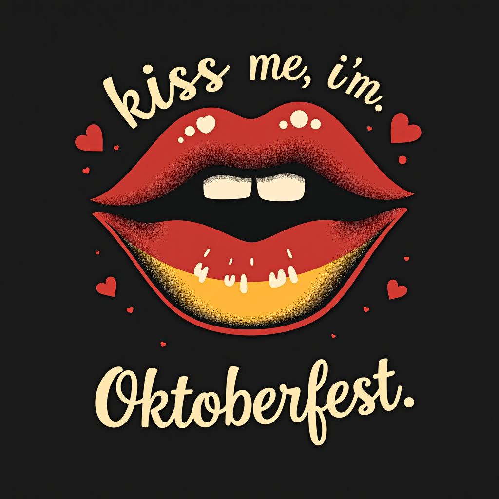  festive design with 'kiss me, i'm german.' bold font, with lips and a small german flag with subtle hearts. place the word oktoberfest at the bottom of the image