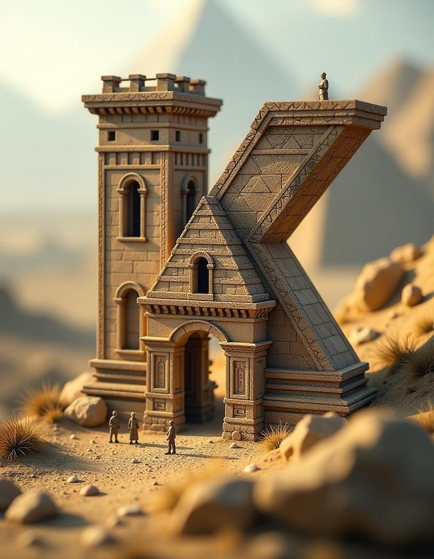  tilt shift photo of stylized image of the letter "k". ((cyrillic)), ((caps)) digital image with double exposure. (vector art) contour (from the letter "k": 1.7) :: filled with pattern. hyperdetailing. fullness. surrealist abstraction, antique construction, high detail, model lighting. well developed environment. ancient pyramids stylized in the letter "k". mini people. the temple is a tomb. . selective focus, miniature effect, blurred background, highly detailed, vibrant, perspective control