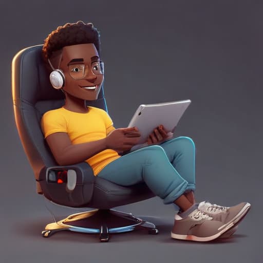 Lazy Dark skin guy sitting on a gaming chair playing games on a tablet in Cartoon style