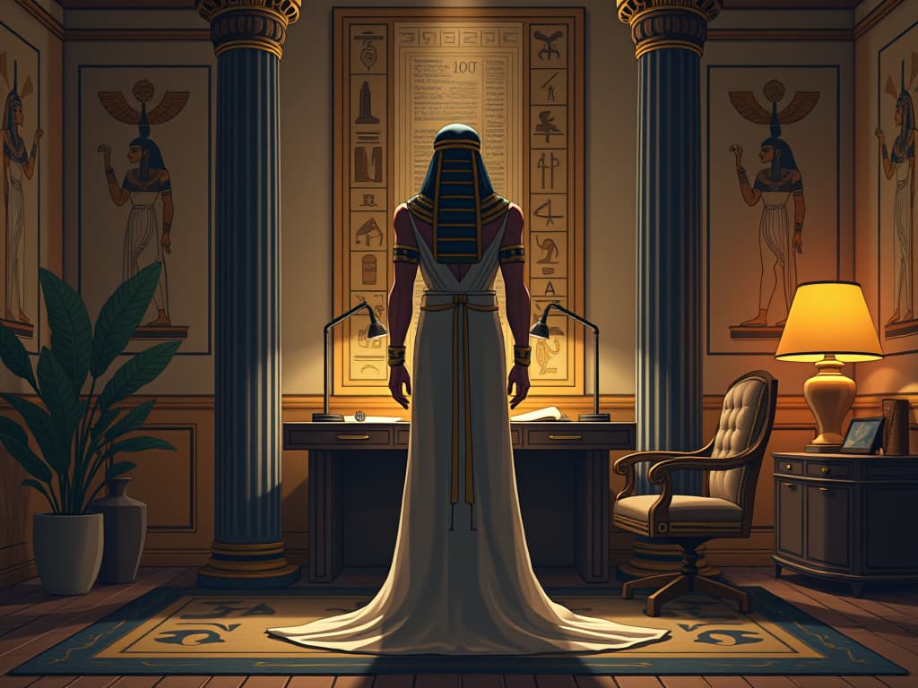  a modern day egyptian themed room, minimalist decor, ambient lighting, hieroglyphs on the walls, a desk with scrolls and papyrus, reflecting a transformative daily life. the style is digital art illustration / modern comic book / mysterious occult, symbolic, esoteric vibe,high detail on character design, incorporating ancient egyptian symbology and attire.