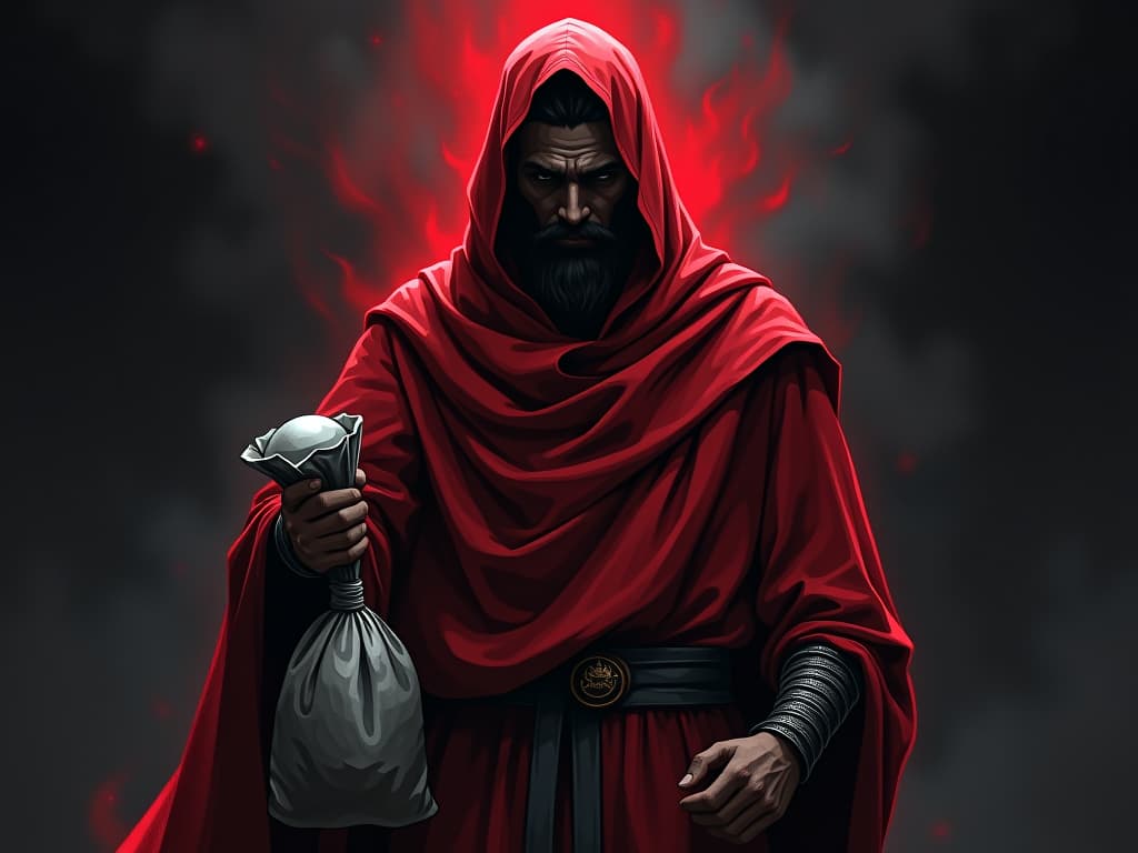  judas iscariot in red tunic, holding bag of silver, darkened background, aura of betrayal. the style is digital art illustration / modern comic book / graphic dark novel fantasy and mysterious occult, symbolic, moody lighting, esoteric vibe,high detail on character design. for the color scheme emphasize blacks and reds.