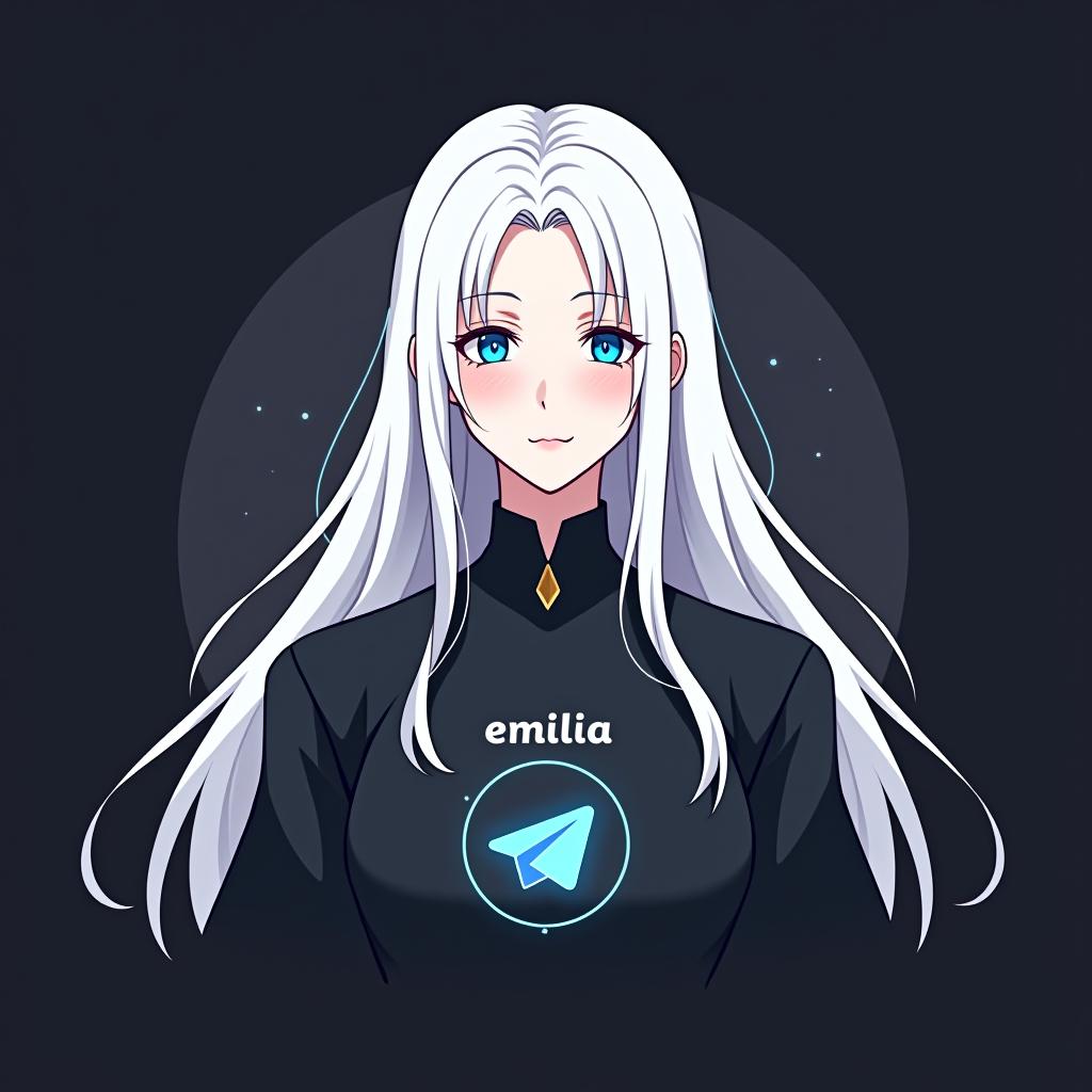  create an image of a character inspired by emilia from re:zero, featuring long white hair and an elegant appearance. the character should be wearing a shirt with the telegram logo, embodying peace and serenity. the design should be background, and include the name 'emilia' in a logo font