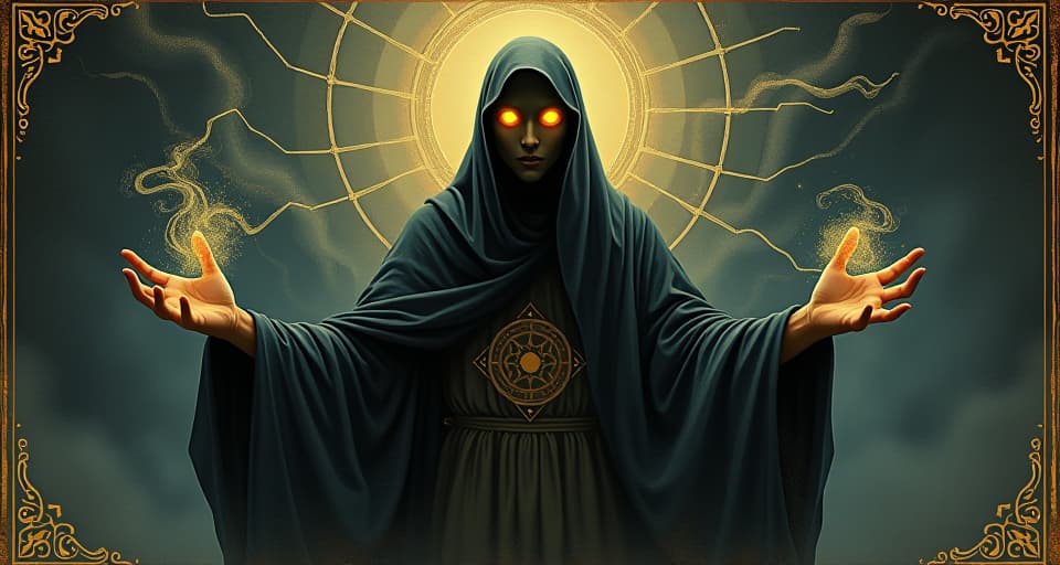  image of figure with glowing eyes and outstretched hands, energy ripples emanating from hands, dark swirling background, anticipation, mystical. an illustration in the style of a worn, mystical old tarot trump card, mysterious and elements of surrealism. the colors are muted, somber and eerie, but with contrast bring out an occult and esoteric vibe.