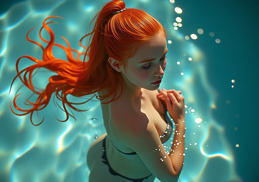  red haar girl , just in a string siting in a pool, high quality, high details, hd, perfect composition, 4k epic detailed, highly detailed, sharp focus, high resolution