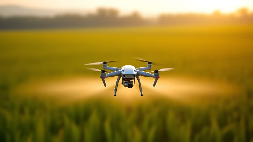  drone in flight, spraying crops in a large field with precision and efficiency in a modern farming environment.