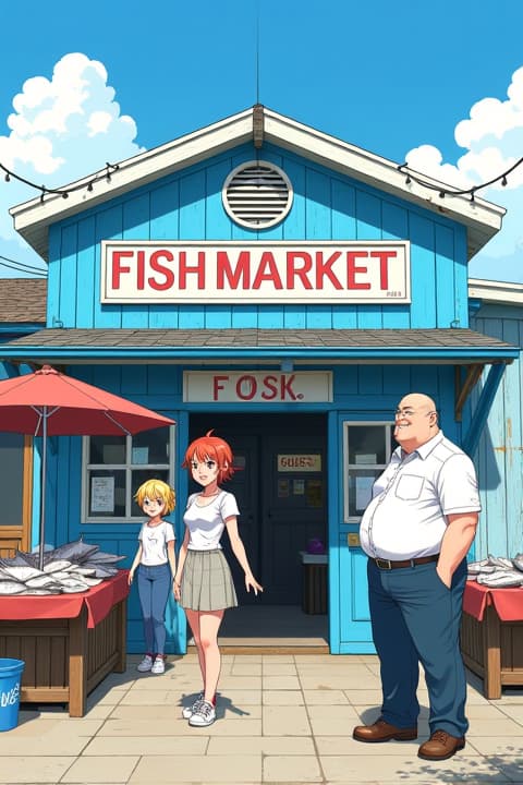  a vibrant blue building serving as a fish market, with a lively atmosphere. in front of the building, there are three characters: a short haired blonde woman with a cheerful demeanor, a short red haired woman with an enthusiastic smile, and a tall, slightly overweight blonde man who looks eager to buy fish. the setting is bustling with activity, showcasing fresh fish displayed prominently around them, with colorful signage in the background and a clear blue sky overhead.