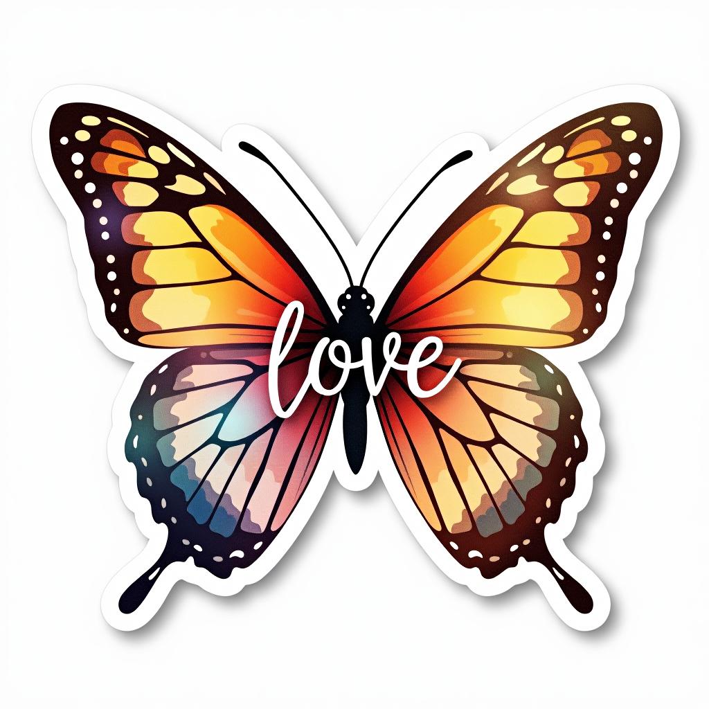  design a logo, custom sticker design on an isolated white background decorated by watercolor butterfly, with the text ‘love’