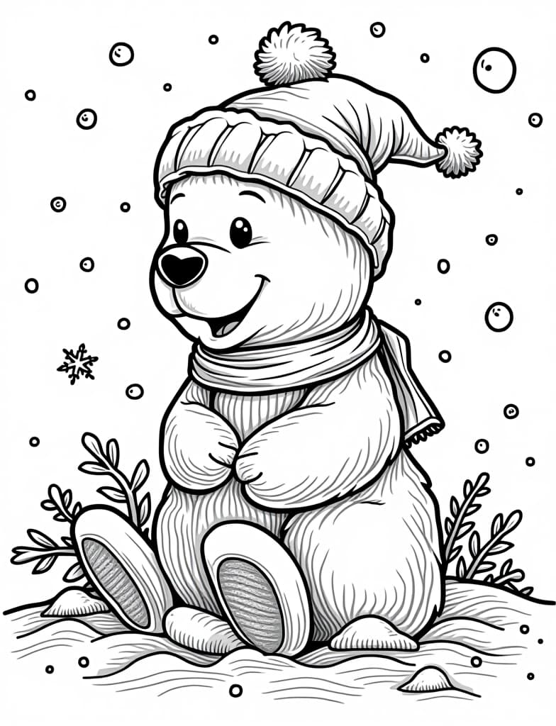  this is for an adult coloring page. a detailed black and white line art of a snowy snowy ... on a solid white background.