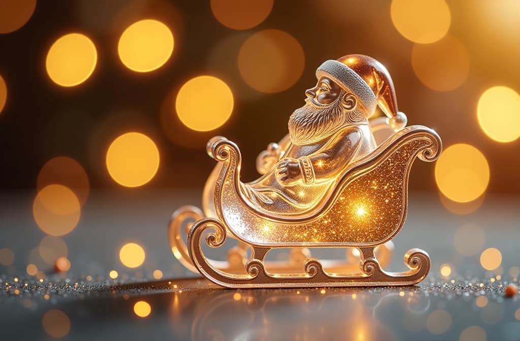  transparent glass santa sleigh figurine, golden glowing, festive golden bokeh background ar 3:2 {prompt}, maximum details