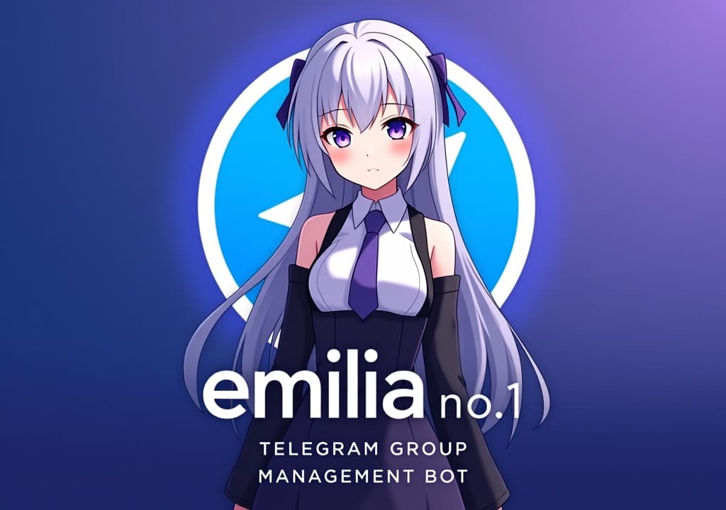  good quality, high quality, a poster style profile picture for a telegram group management bot featuring emilia from re:zero. emilia is depicted with her silver hair and purple eyes, standing confidently with a stylized telegram icon behind her. the background blends telegram’s blue gradient with subtle purple hues. the text "emilia no.1 telegram group management bot" in anime sytle font is prominently displayed at the bottom in bold, modern font, with a small tag underneath, creating a sleek and professional look.