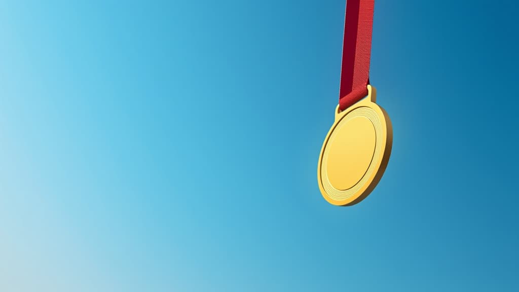  gold medal hanging in the blue sky, winner against blue sky background copy space, sports, winning, achievement, game, sports business, success concept