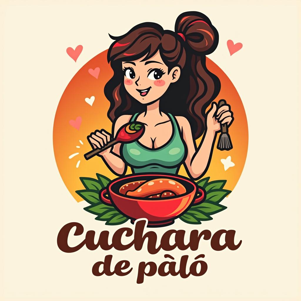  design a logo, una mujer moviendo con una cuchara de palo una olla con comida , with the text 'cuchara de palo'.