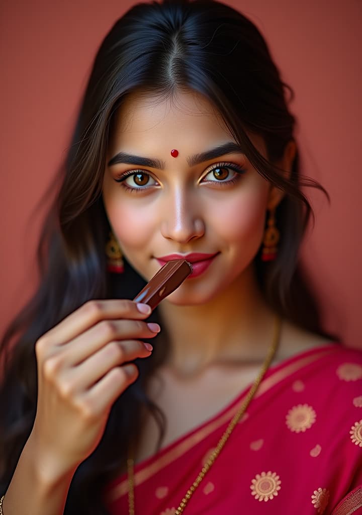  vey cute, female, indian, fair body color, young, model profession, chocolate in her hand, showing off to the camera, this is advertising of dairy milk chocolate it has a big headline text written "special rakhi offer for your sister" on the screen, packet should be visible very clear, little melt chocolate at her lips face, hyperrealistic, full body, detailed clothing, highly detailed, cinematic lighting, stunningly beautiful, intricate, sharp focus, f/1. 8, 85mm, (centered image composition), (professionally color graded), ((bright soft diffused light)), volumetric fog, trending on instagram, trending on tumblr, HDR 4K, 8K