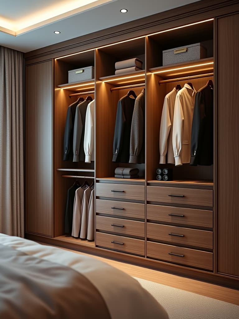  high quality portrait photo of a stylish built in wardrobe with multiple compartments, drawers, and hanging spaces, showcased in a modern bedroom setting hyperrealistic, full body, detailed clothing, highly detailed, cinematic lighting, stunningly beautiful, intricate, sharp focus, f/1. 8, 85mm, (centered image composition), (professionally color graded), ((bright soft diffused light)), volumetric fog, trending on instagram, trending on tumblr, HDR 4K, 8K