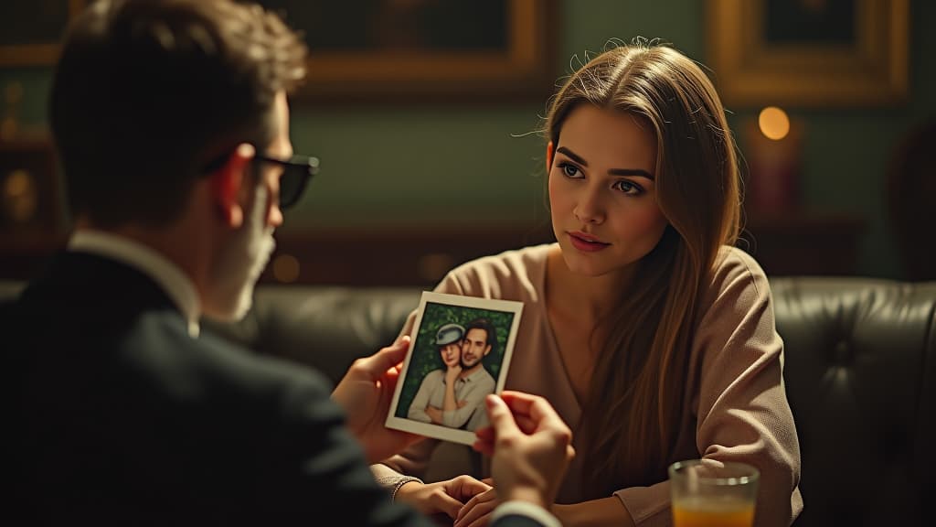  , leonardo holding the photo of julia and the man, declaring he wants a divorce, julia's façade shattering, revealing her true relief inside. hyperrealistic, full body, detailed clothing, highly detailed, cinematic lighting, stunningly beautiful, intricate, sharp focus, f/1. 8, 85mm, (centered image composition), (professionally color graded), ((bright soft diffused light)), volumetric fog, trending on instagram, trending on tumblr, HDR 4K, 8K