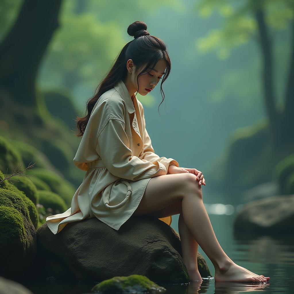  a korean girl doing with a on a rock in jungle hyperrealistic, full body, detailed clothing, highly detailed, cinematic lighting, stunningly beautiful, intricate, sharp focus, f/1. 8, 85mm, (centered image composition), (professionally color graded), ((bright soft diffused light)), volumetric fog, trending on instagram, trending on tumblr, HDR 4K, 8K