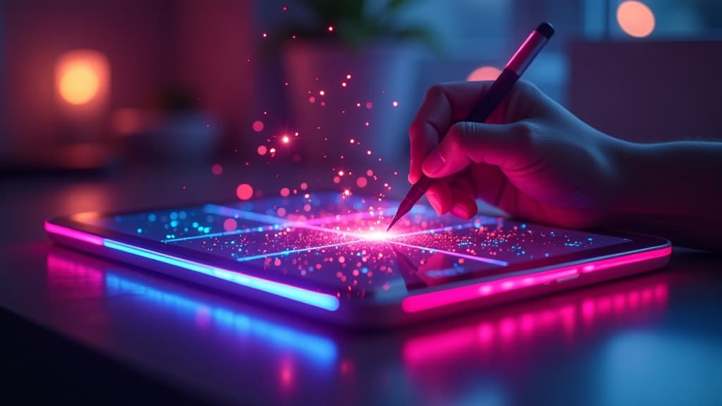  neon tablet with stylus levitate on digital background, magic particle bokeh, hexagon soft bokeh {prompt}, maximum details