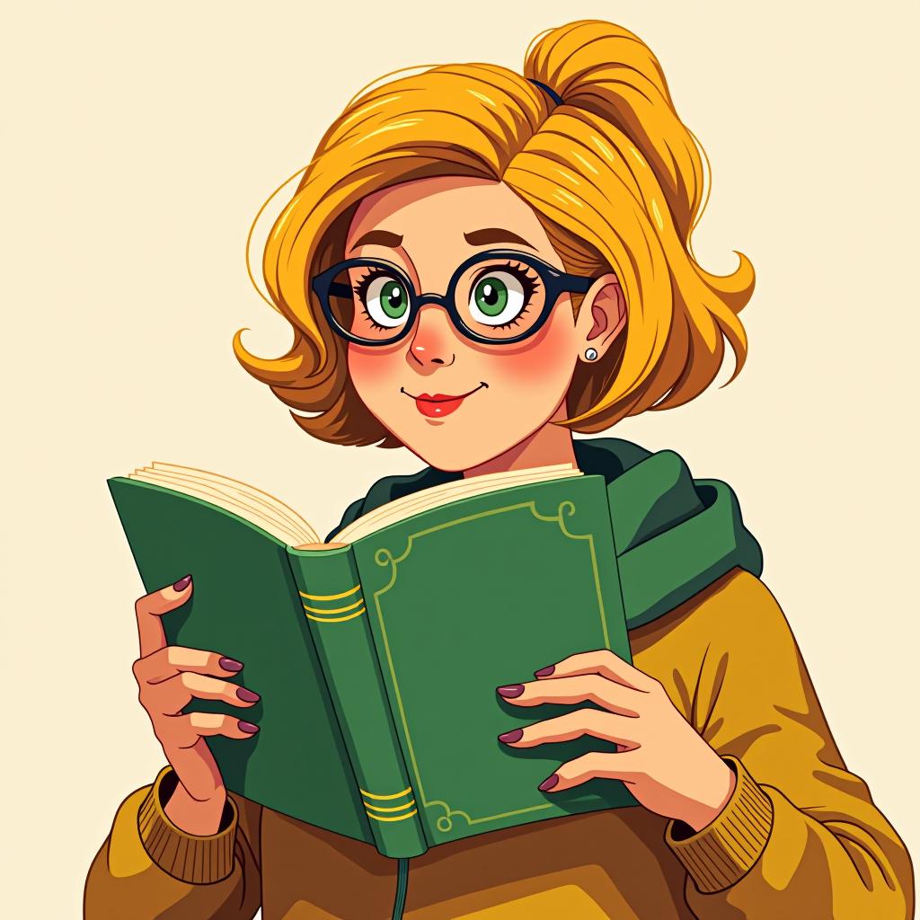  a short woman semi fat with yellow hair and glasses reading a green book and the cover of the book says leer una pÁgina al dÍa