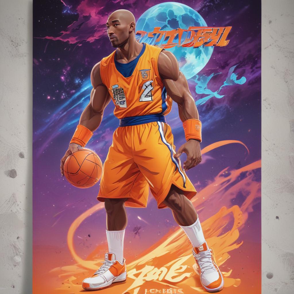 distance-shot, flashy, full-body, dynamic, holographic, animated cartoon poster of kobe in the style of dragon ball super