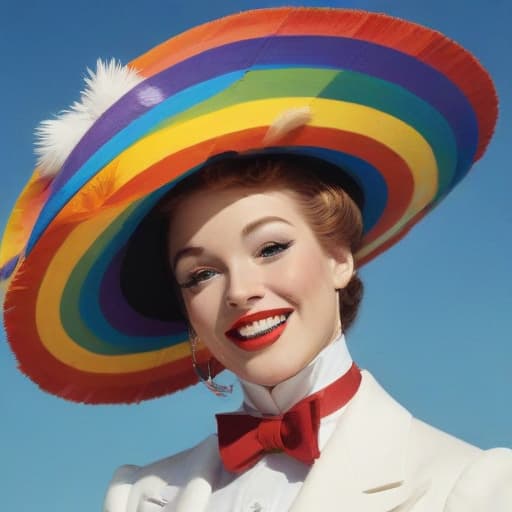 Rainbow drag queen cowboy top hat and headdress tuxedo with spur white Elizabethan collar wand parasol, cartoon, full of colour, disney, sharp focus, illustration, 50's cartoons, norman rockwell