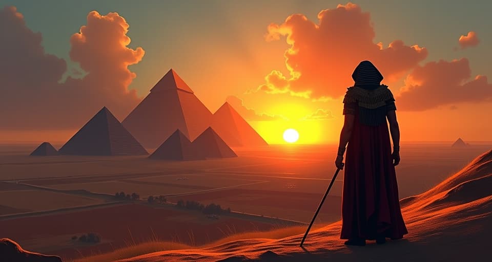  a distant horizon where the first rays of dawn break over the pyramids, infusing the landscape with a radiant, almost otherworldly light, hinting at an imminent revelation.. the style is digital art illustration / modern comic book / mysterious occult, symbolic, esoteric vibe,high detail on character design, incorporating ancient egyptian symbology and attire.