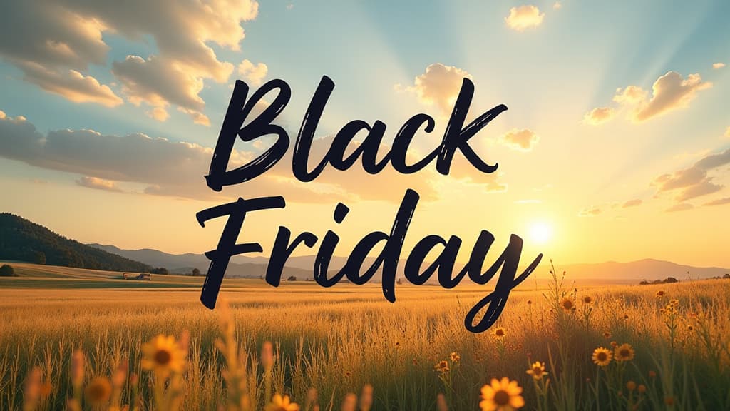  big black handwriting thin letters “black friday” over summer landscape background ar 16:9 {prompt}, maximum details