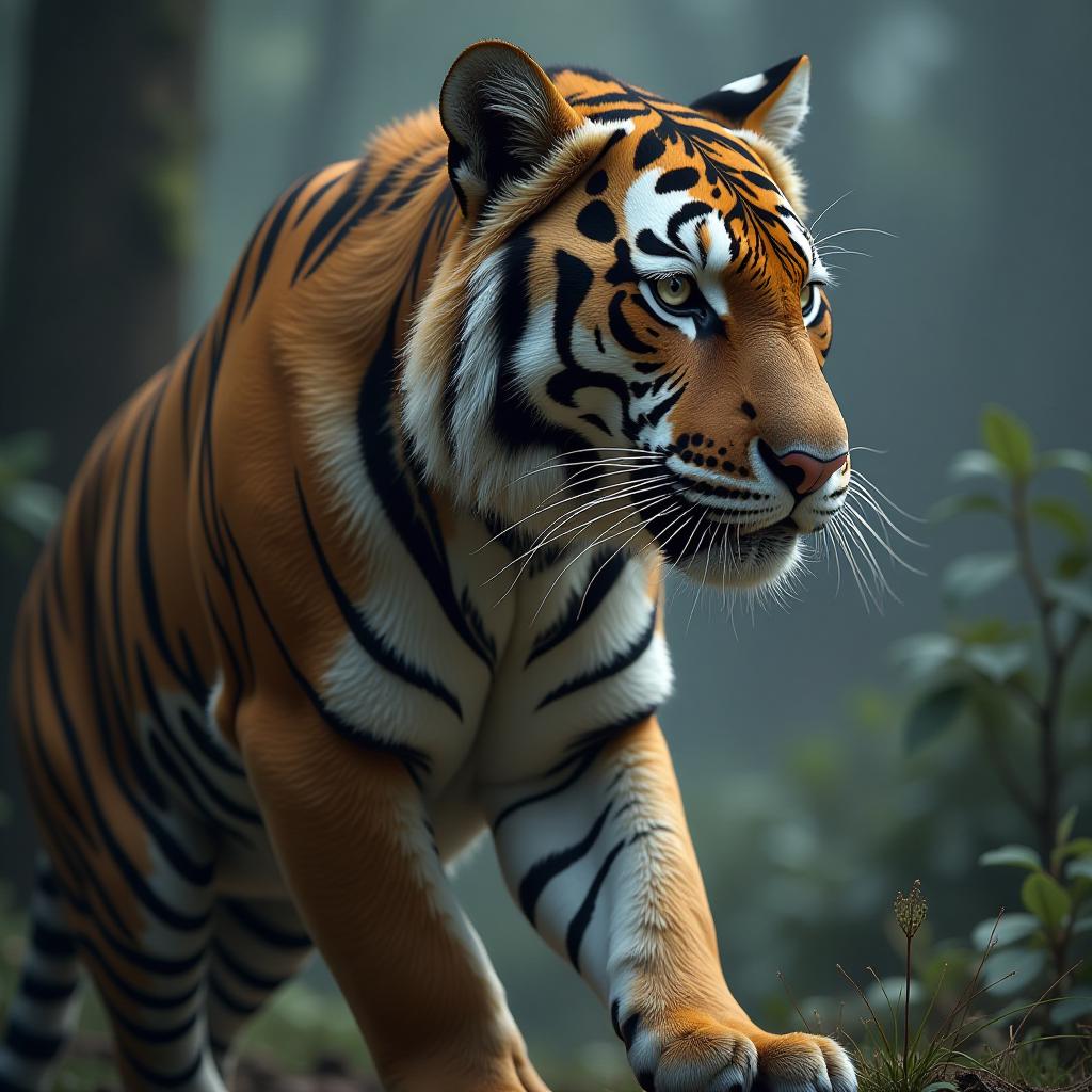  merge tiger with elepant hyperrealistic, full body, detailed clothing, highly detailed, cinematic lighting, stunningly beautiful, intricate, sharp focus, f/1. 8, 85mm, (centered image composition), (professionally color graded), ((bright soft diffused light)), volumetric fog, trending on instagram, trending on tumblr, HDR 4K, 8K