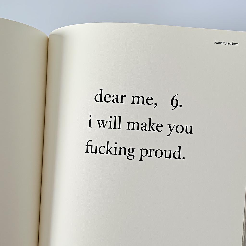  the image shows an open page of a book with a short, powerful message written in a clean, serif font. the page has a minimalistic design, with the text positioned towards the center, and a small heading in the top right corner. the background is white, with a soft shadow cast, likely from the fold of the book or the angle of the light. the text on the page reads: **"dear me in 6 months, i will make you fucking proud"** in the top right corner of the page, in smaller font, it says: **"learning to love"** the overall tone of the message is bold and determined, conveying a strong commitment to self improvement and personal growth. the use of informal language ("fucking proud") adds an element of intensity and sincerity, making the sta