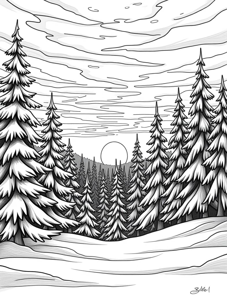  this is for an adult coloring page. a detailed black and white line art of a snowy winter sunset over a snow covered forest on a solid white background.